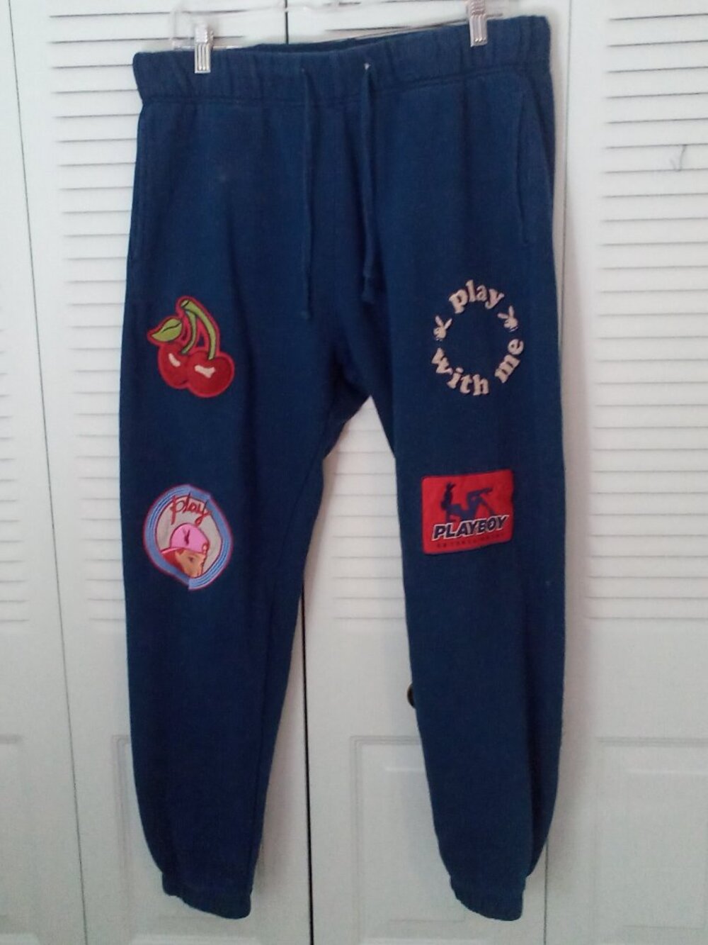 RARE PLAYBOY BY PACSUN LRG NAVY SWEATPANTS COTTON DRAW STRING PATCHES APPLIQUES